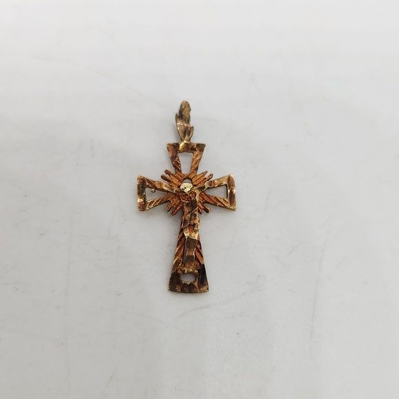 14K Solid Yellow Gold Crucifix Cross Pendant For NecklacebRustic Brutalist 1 Gr - Picture 1 of 6
